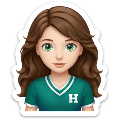 A pretty girl with BLUE EYES, brown long wavy hair, and wear green Hawkins cheerleader uniform sticker