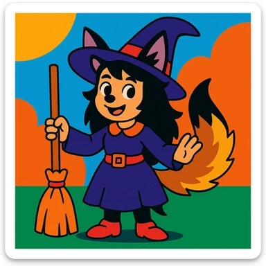 cartoon style witch with black hair, wolf ears and wolf tail, classic witch hat, friendly face, colorful sticker