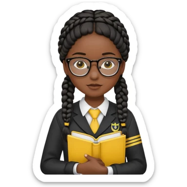 Girl student wearing uniform, glasses, hold yellow book in front of their chest, black braided hair, dark skin sticker