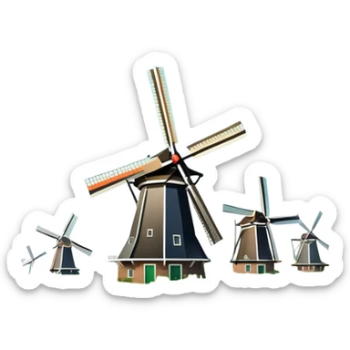Cinematic Realistic Kinderdijk Windmills Landmark Emoji, showcasing traditional Dutch windmills aligned along a tranquil canal, with lush green fields, soft ripples in the water. sticker