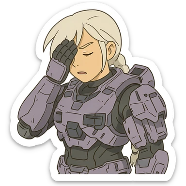 female, wearing reach spartan armor shoulder-unequip, long white braid hair with massive messy front side single bangs, gold yellow eyes, attention pose, D-cup size, HALO:series, no helmet, the armor is lavender color scheme, facepalm, smh, eyes closed sticker