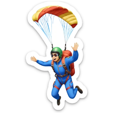 A skydiver free-falling through the sky, with a brightly colored parachute open above them. The background features a vast blue sky dotted with fluffy clouds, birds soaring nearby, and a plane flying off in the distance, emphasizing the thrill and freedom of the sport. sticker