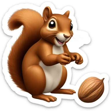 Sweet brown squirrel holding a hazelnut sticker