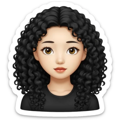 Korean woman with black cute long curly hair  with a black top with long lashes sticker
