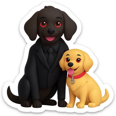Change the vampire to have brown skin and dress all in black, keep the vampire on the left and the happy golden retriever on the right, preserve the 3D emoji style, keep the background transparent. The style to emulate is 3D emoji style with transparent background. sticker