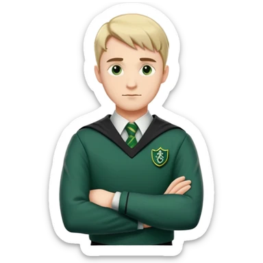 An adult man slightly to the side looking forward with crossed arms wearing the Slytherin uniform sticker