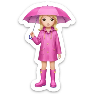 Girl in Pink wide dress raincoat pink rainboots in rain sticker
