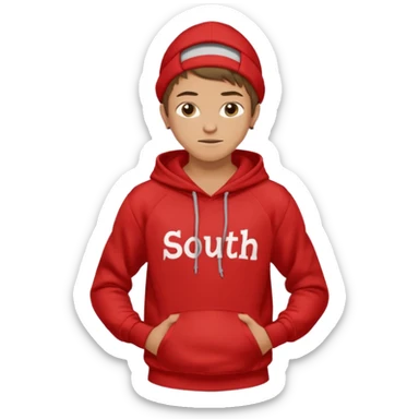 make me an emoji of an americain 19 yearold boy in a red hoodie that says "south" on it and give him with tan skin with his hands in his hands in his pocket wth a small smile flexing his muscles sticker