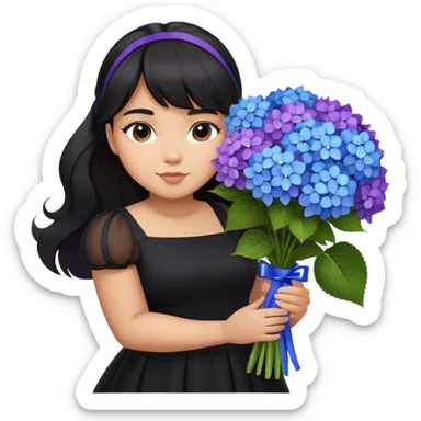 Latina girl with bangs black long hair in pony tail plus size black dress holding a blue and purple bouquet of hydrangeas sticker