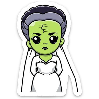 Bride of Frankenstein with tall black and white hair and stitches on face sticker