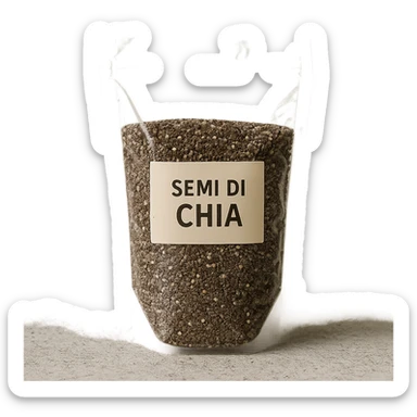 photo realistic transparent bag with visible label with the text 'semi di chia' in Italian sticker
