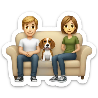 Brown hair White boy and girl with beagle Sit on couch sticker