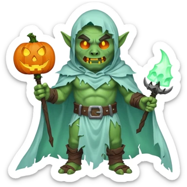male orc warrior ghost emoji, green skin, tusks, wearing torn white ghost sheet costume, holding glowing jack-o'-lantern, faint blue aura, friendly but spooky expression, Halloween fantasy theme, Apple emoji style, clean white background, square sticker