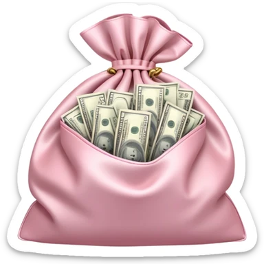 Soft pink satin money bag open overflowing cash, subtle luxury, no logos sticker