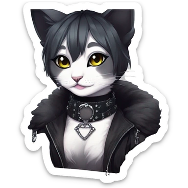 Gorgeous sparkly legendary gradient gothic dark techwear anime style anthro cat with blushing face aesthetic and pretty edgy black with collar and harness trending style sticker