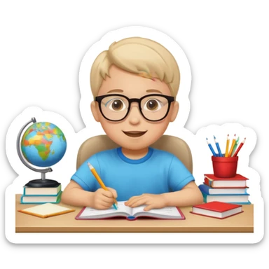 un niño de entre 3 - 10 años estudiando ingles, un destello de luz o colores más vivos para el niño que estudia en su habitacion feliz  sticker