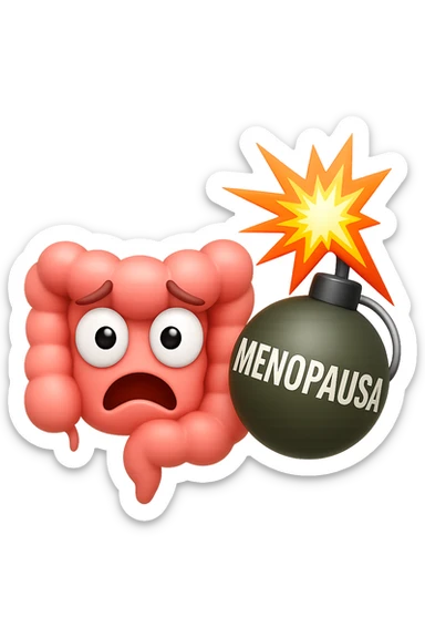 EMOJI STILE IPHONE 3D DI INTESTINO 3D CON ESPRESSIONE SPAVENTATA IN VOLTO MENTRE ACCANTO A LUI SCOPPIA UNA GRANATA 3D CON LA SCRITTA "MENOPAUSA" SOPRA, FAGLI ANCHE LA PARTE BIANCA DEGLI OCCHI, NON SOLO LA PUPILLA sticker
