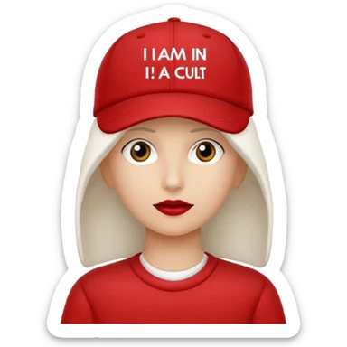 Red cap with no person in it that says "I AM IN A CULT" in white text sticker