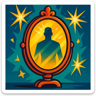 stylized mirror, shining with light bursts, reflecting a blurry human silhouette, vibrant cartoon style, atmosphere of revelation and power sticker