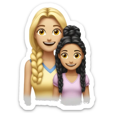An emoji of a blonde mother with very long hair and a cheerful expression, standing next to her daughter, a small girl with black hair styled in two braids, both smiling happily together sticker