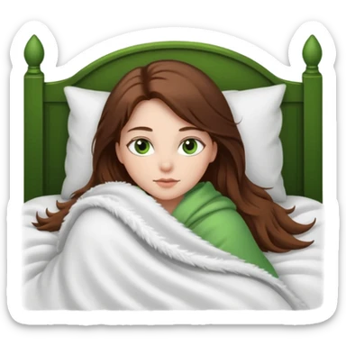 Girl with medium white skin tone and greens eyes and long brown hair laying in bed with a blanket sticker