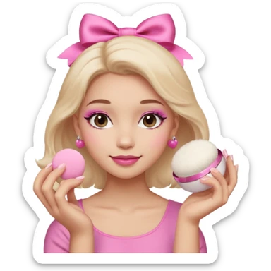 female face, light skin tone, small simple closed smile. One hand visible holding a round fluffy pink makeup powder puff pressed to the cheek; the puff has a small satin bow. sticker