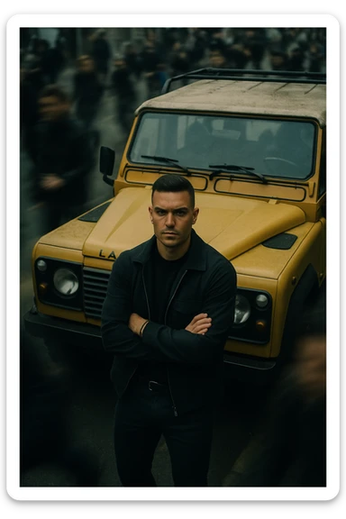 An aerial cinematic shot of me leaning against a yellow land rover defender on the street, wearing a t-shirt under a black jacket. A blurry crowd of people running around me. Gloomy lighting, 35mm film style, shallow depth of field, sharp focus on me.  sticker