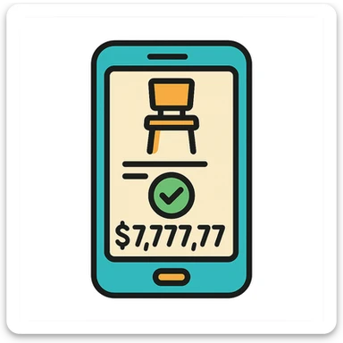 a furniture order confirmation on a phone screen, displaying $7,777,777, color outline style sticker
