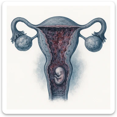 realistic illustration of uterus with irregular and inflamed endometrium, presence of ovarian cysts, small stylized embryo struggling to implant, cold colors, details of hostility, white background sticker