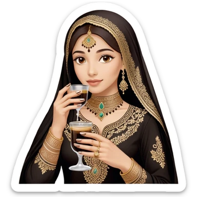 A delicate hand adorned with intricate floral henna designs holds a traitional glass of Arabic coffee. The deep brown henna contrasts beautifully with the rich embroidery of the black outfit, which features shimmering floral patterns. A gold ring and dark nail polish add elegance to the aesthetic. sticker