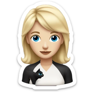 Blonde mom with bangs and blue eyes holding black cat with white chest sticker