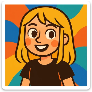 a girl with blonde, straight hair, brown eyes, wearing a black t-shirt, vibrant cartoon style sticker