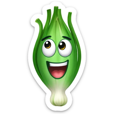 Cheerful green onion with big expressive eyes, a wide smile, and a few green stalks on top. Designed in a cute, cartoonish style with vibrant colors. sticker