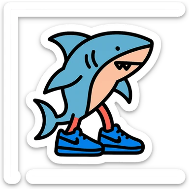 shark wearing blue Nike shoes, icon style, clean lines, simple shapes, minimal color, modern look sticker