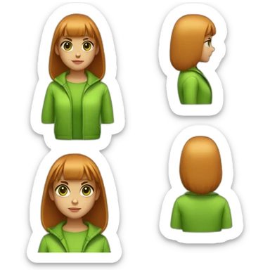 a evil young girl with slightly tanned skin.  straight bangs and dark hair.  she has bright green eyes and an orange coat sticker