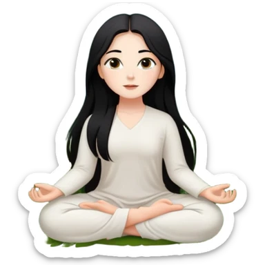 crea un chica blanca con cabello negro largo bonita de ojos marrones vestida de blanco conectando con la naturaleza rodeada de flores meditando  sticker