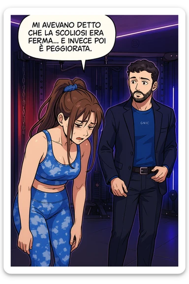 fai questa immagine in versione fumetto/manga/webtoon a colori, il manga mostra la donna disperata con un fumetto sulla testa che dice:
Mi avevano detto che la scoliosi era ferma… e invece poi è peggiorata.
 sticker