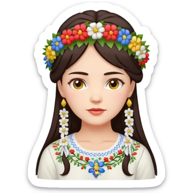 Ukrainian woman in a white embroidered shirt with dark hair in a wreath of flowers with multicoloured ribbons on her head sticker