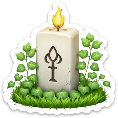 Gravsten med lite ivy som klättrar på den och framför i gräset på marken ett stående vitt brinnande blockljus sticker