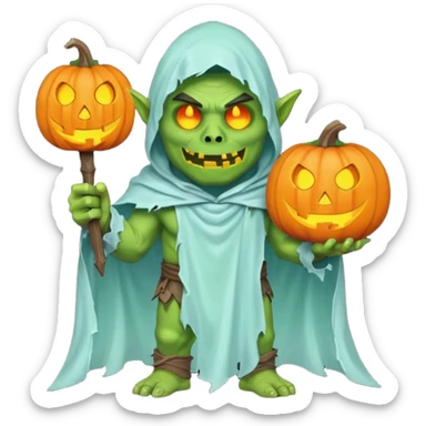 male orc warrior ghost emoji, green skin, wearing torn white ghost sheet costume, holding glowing jack-o'-lantern, faint blue aura, friendly but spooky expression, Halloween fantasy theme, Apple emoji style, clean white background, square sticker