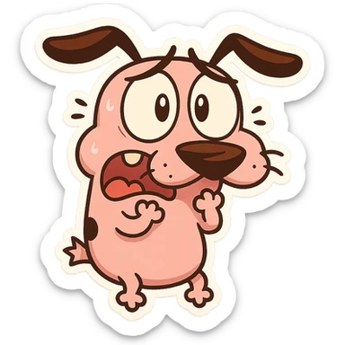 Courage the Cowardly Dog emoji, scared expression, pink dog, cartoon style sticker