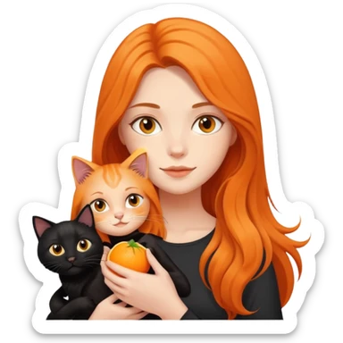A long-haired girl holding a black cat and an orange cat sticker