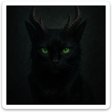 black cat with green eyes and demon horns, visually striking style sticker