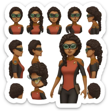 Teniente rosas. De Star Trek. Guapa, de pelo negro y rizado. Piel canela. Lentes sticker