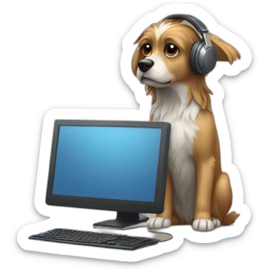 griffon dog in headphones at the computer sticker