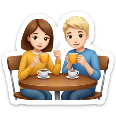 bright and cheerful boy and girl sitting at a table sipping coffee sticker