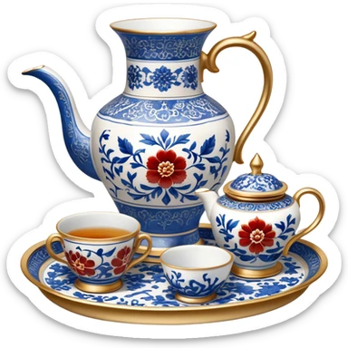 Metal painting icon, a metal vase, tray, and tea-cup, each decorated with different techniques: Gzhel-style blue floral patterns, Chinese red and gold designs, and intricate Golden embroidery-style details. Visible fine paintbrush, paint pots, and accessories like porcelain palette, minimalistic style, clean lines, transparent background. sticker