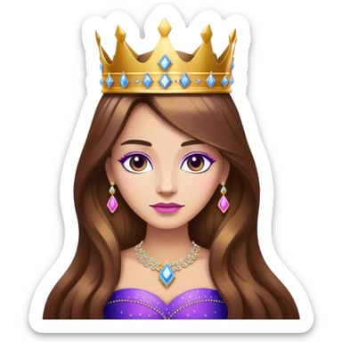 Queen, brown long hair, big golden crown encrusted with diamonds from blue to purple to pink, black dress sticker