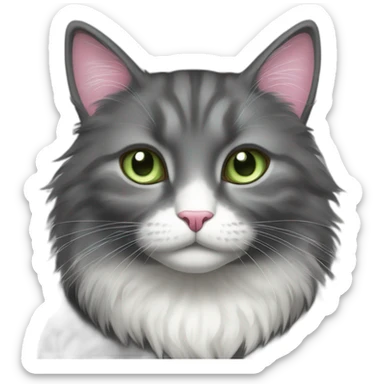 fluffy dark grey cat, small ears, pink nose, light green eyes, white long whiskers, white spots near the nose, white breast, the cat's fur is soft. sticker
