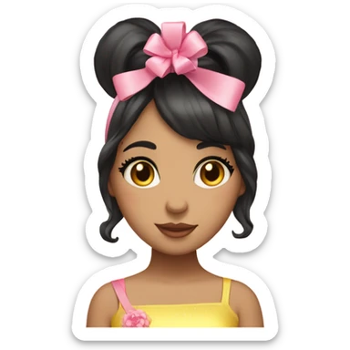 Short dark hair, yellow pink cheeks big lashes girl with a bow on her head. Sparkles bouquet of flowers sticker